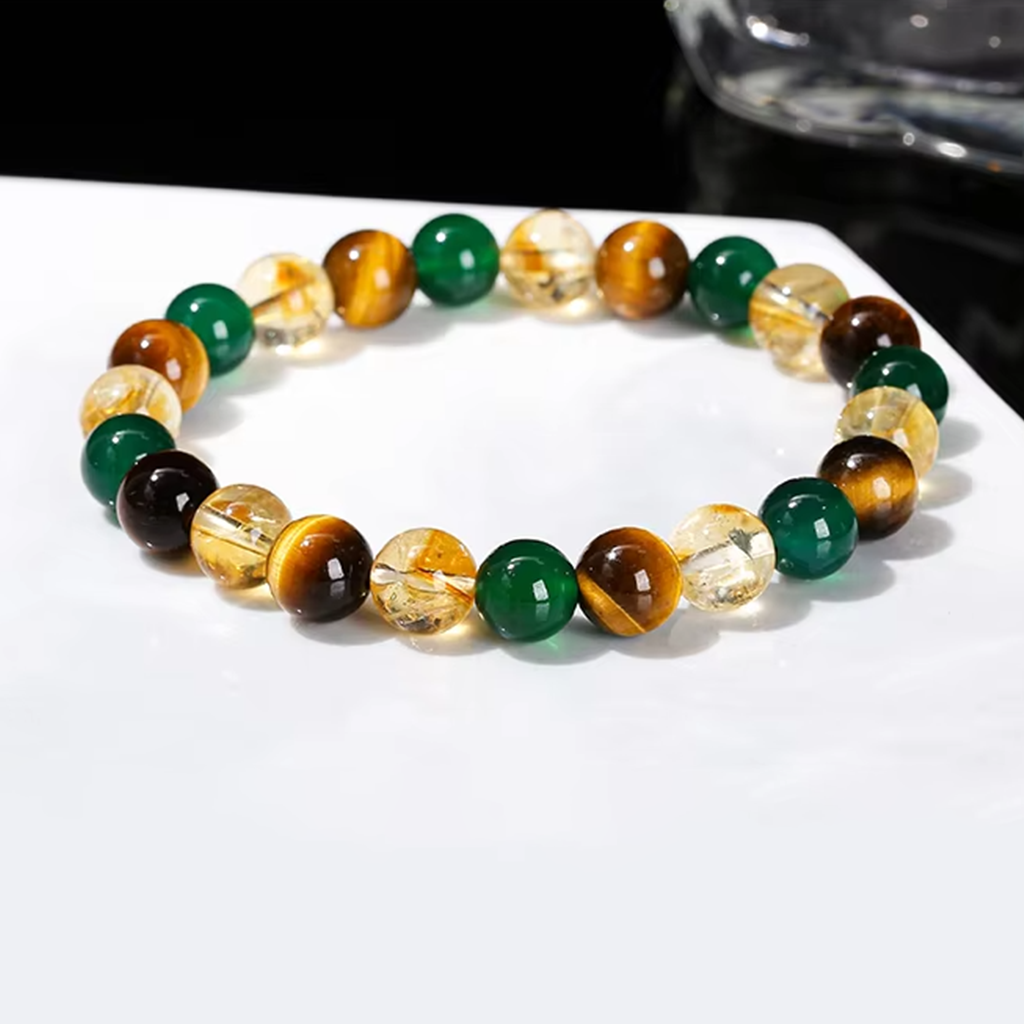 Tri-Power Prosperity and Protection Bracelet (7A Grade Tiger Eye, Citrine, Green Agate)