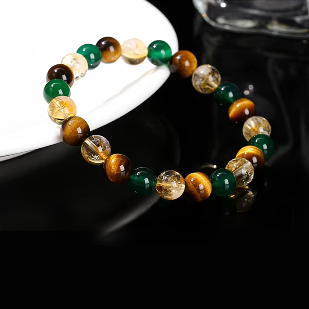Tri-Power Prosperity and Protection Bracelet (7A Grade Tiger Eye, Citrine, Green Agate)