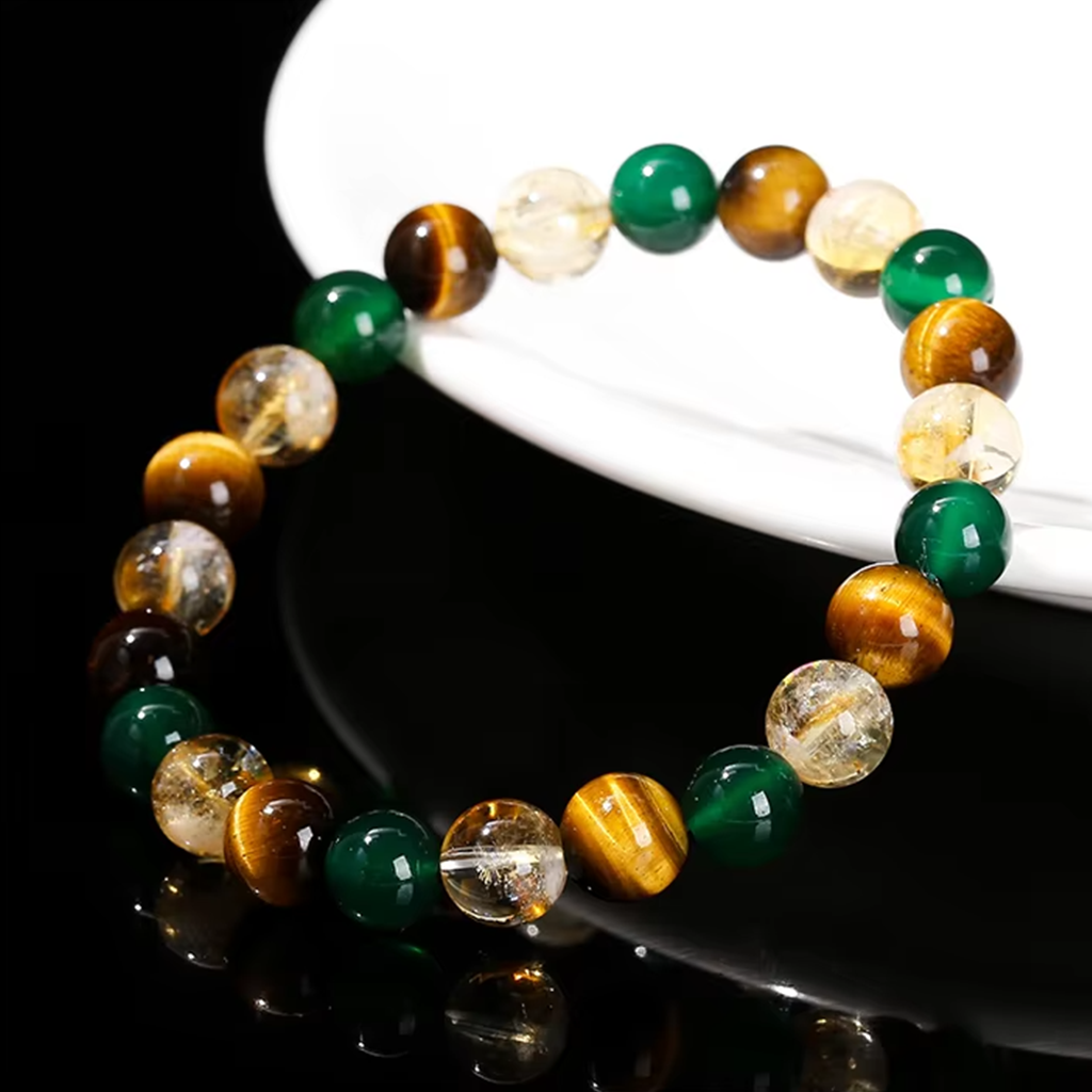 Tri-Power Prosperity and Protection Bracelet (7A Grade Tiger Eye, Citrine, Green Agate)